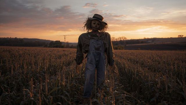 Rustic Scarecrow Guarding Cornfield at Sunset