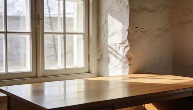 Sunlight streaming across wooden table in rustic room with paned window