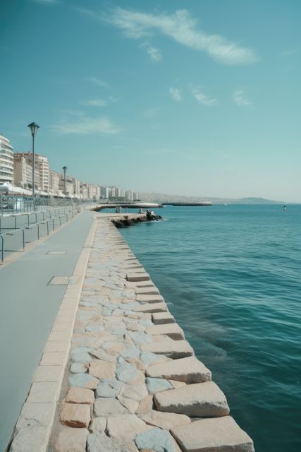 General view of promenade, buildings, sea and sky created using generative ai technology. Travel, sailing and seaside concept digitally generated image.