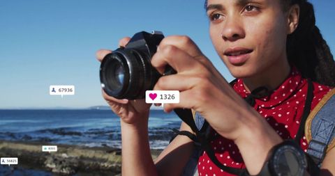 Influencer beach photography with social media engagement icons