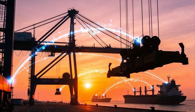 Dominating gantry crane casting long shadows at sunset with digital cargo data overlay