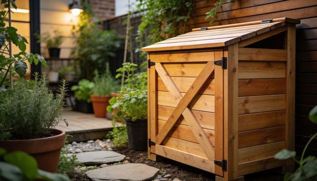 Wooden garden storage box sitting on gravel patio with potted herbs and stepping stones