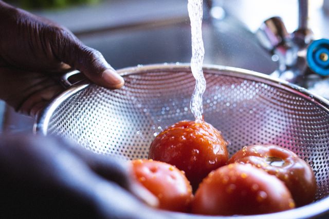 Cropped hands of african american senior man washing tomatoes in colander under running water - Download Free Stock Photos Pikwizard.com