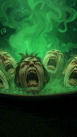 Boiling cauldron revealing screaming severed heads amid rising green mist during occult ritual