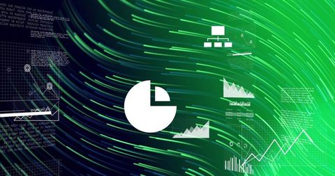 Neon Data Analytics Dashboard Showing Central Pie Chart and Dynamic Line Graphs