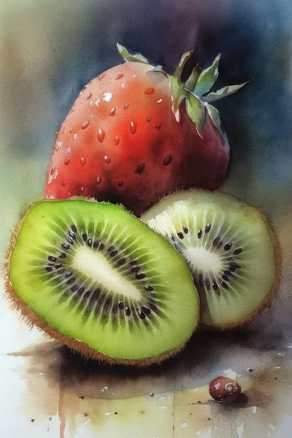 Watercolour with close up of sliced kiwi and strawberry, created using generative ai technology. Watercolour, fruit and still life painting concept digitally generated image.