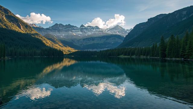 Alpine lake reflecting snowcapped peaks and clouds over emerald water and pine shore