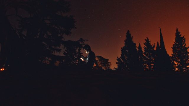 A person is illuminated by the glow of a smartphone while surrounded by trees under a starry sky. This can be used to portray themes of technology, solitude, nighttime activities, and the contrast between technology and nature. Ideal for use in articles, advertisements, or blogs related to technology, lifestyle, night photography, and introspection.