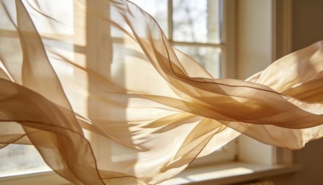 Floating beige sheer curtain dancing across sunlit multi-pane window sill, backlit drapery