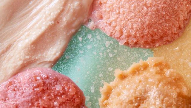 Creating pastel skincare textures with mint glossy gel and coral peach scrub dollops