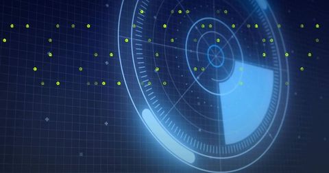 Futuristic Radar HUD Interface with Circular Sweep and Green Blips on Blue Grid