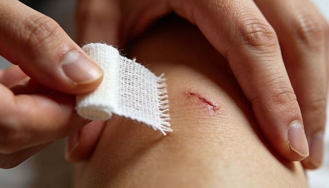 Hands applying gauze to small healing laceration on limb close-up first aid care