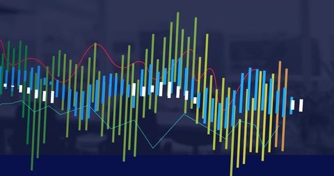 Colorful Market Data Visualization Showing Multicolored Bars and Line Graphs Over Blurred Office