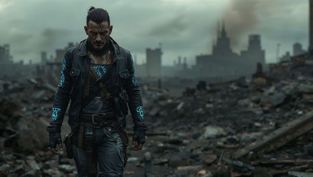 Sci-Fi Survivor Navigating Post-Apocalyptic Urban Ruin