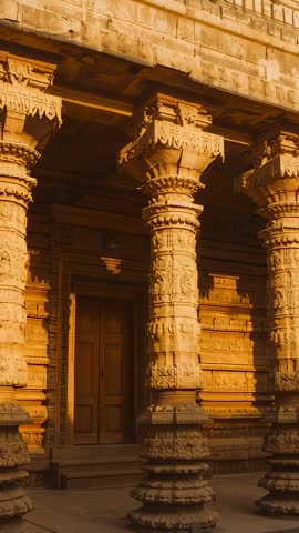 Panning vertical video across carved temple pillars and ornate relief panels at doorway