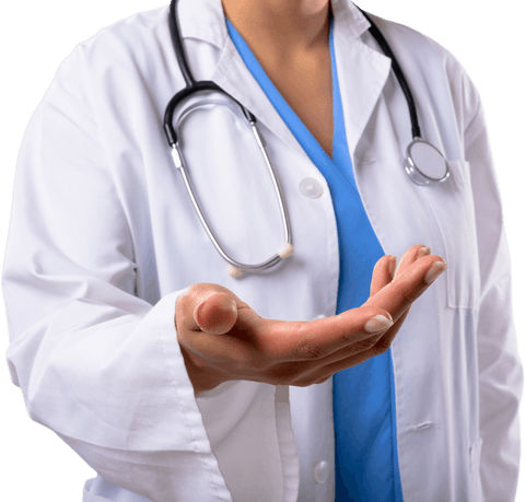 Transparent midsection of doctor offering open hand