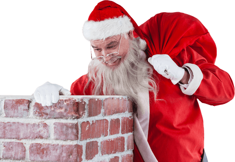 Transparent Santa Checking Chimney with Red Gift Bag