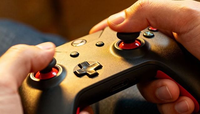 Gamer gripping wireless gamepad with red thumbsticks and cross D-pad close-up