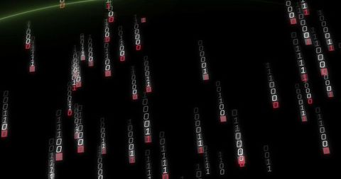 Matrix-inspired flowing binary code beneath green horizon