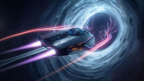 Futuristic spacecraft entering spiraling cosmic wormhole