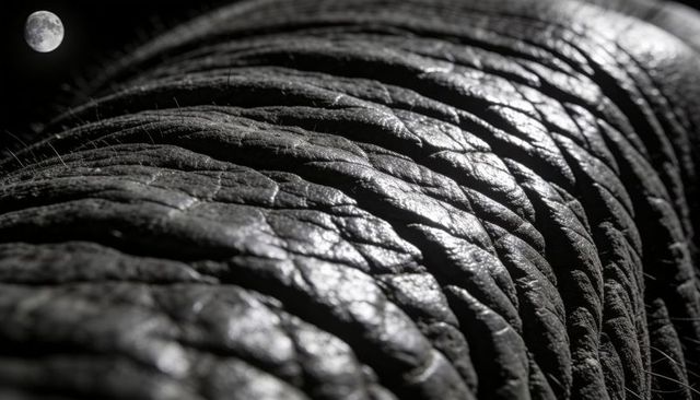 Moonlit elephant skin macro revealing deep leathery wrinkles dramatic monochrome texture