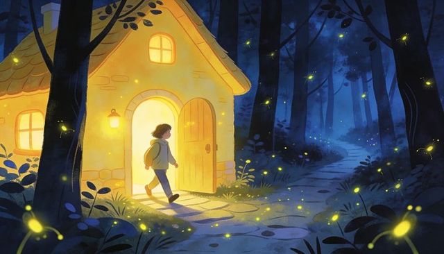Walking child leaving warm cottage into moonlit forest path with glowing fireflies