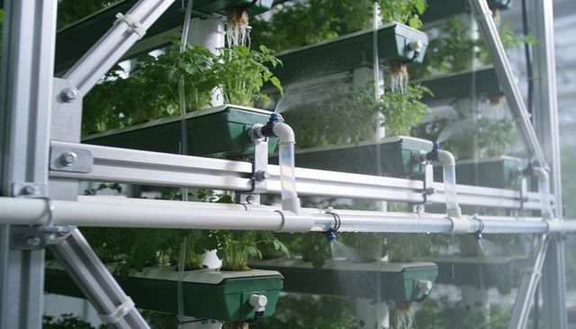 Automated hydroponic vertical farm spraying nutrient mist on leafy greens in greenhouse