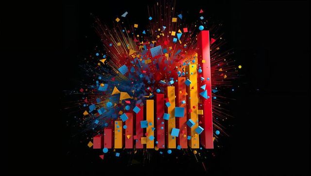 Dynamic 3d bar chart with exploding geometric shapes