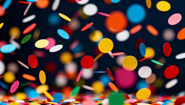 Vibrant confetti falling with colorful round discs, reflective surface and bokeh depth