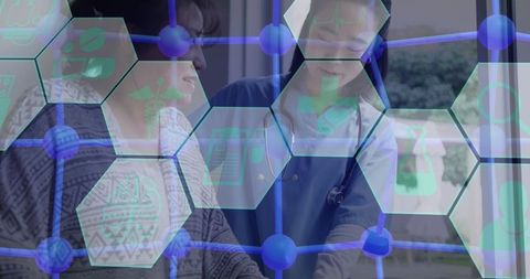 Caregiver Supporting Senior Woman with Medical Icons Overlay