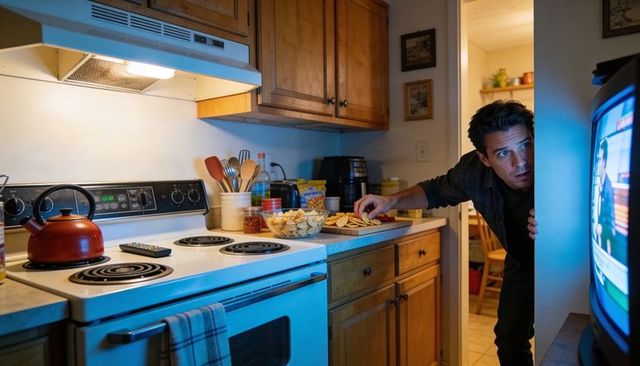Reaching for late-night chips in cozy kitchen while watching tv blue glow