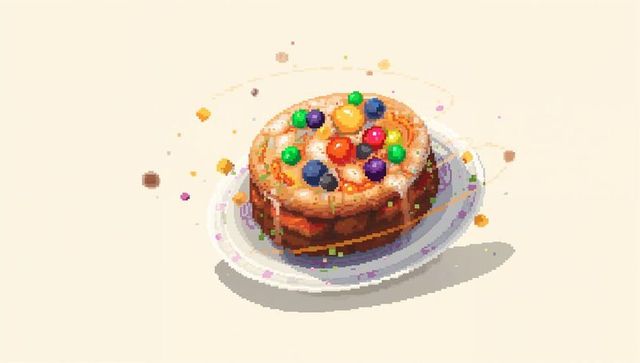 Pixelated pastry sitting on white ceramic plate with colorful candy and glossy glaze