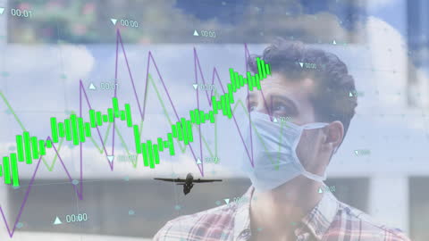 Masked Man and Data Graphs Reflecting Travel and Business During Pandemic