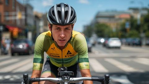 Focused urban cyclist pedaling through city crosswalk in green yellow jersey with helmet
