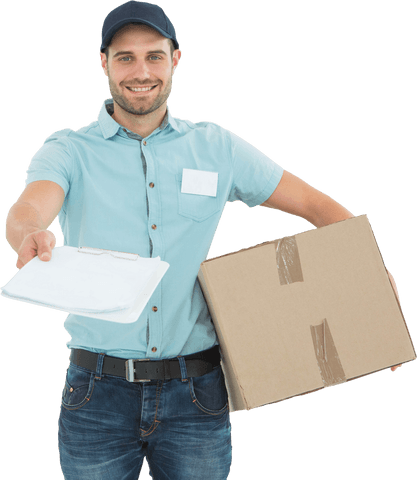 Transparent Smiling Delivery Man with Package Offering Clipboard - Download Free Stock Videos Pikwizard.com