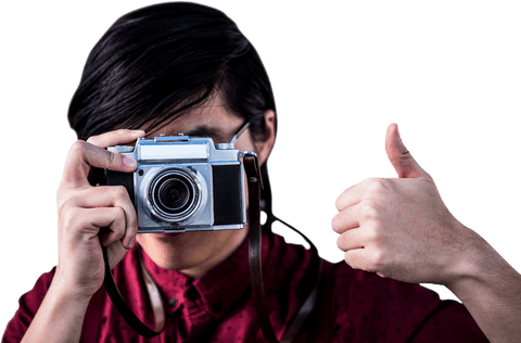 Hipster with vintage camera and thumbs up on transparent background