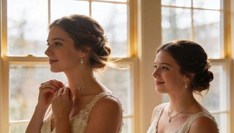 Bride adjusting necklace in golden window light with smiling attendant in lace gown