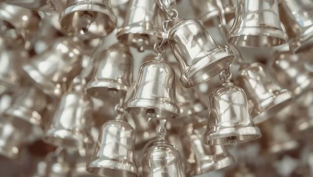 Shimmering cluster of polished silver bells hanging with clappers for festive decor