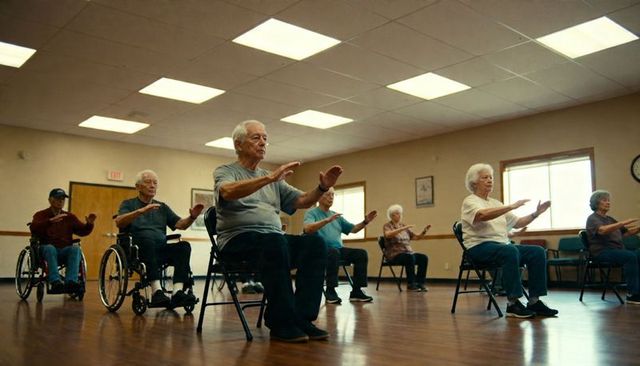 Senior group practicing seated balance and mobility exercises in community activity room