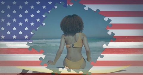 Patriotic Diversity: African American Surfer on Beach with USA Flag