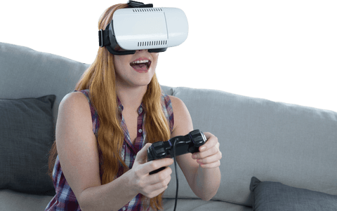young woman enjoying virtual reality gaming on sofa with transparent effect - Download Free Stock Videos Pikwizard.com