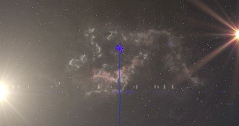 Emitting blue energy beam ending in starburst over nebula with twin lens flares