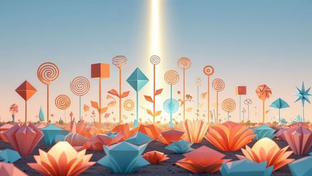 Fantasy landscape with origami flowers and lollipop trees