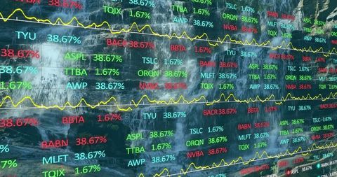 Futuristic waterfall with financial data overlay in natural setting