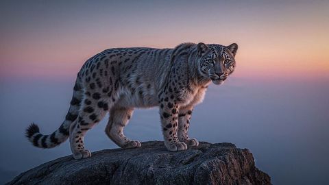Majestic Snow Leopard at Twilight on Rocky Peak