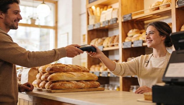 Smiling Barista Accepting Contactless Payment at Rustic Bakery Counter with Baguettes