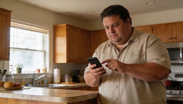 Man checking smartphone at kitchen island, sunlit casual home routine with device