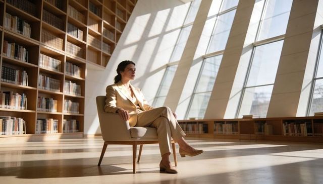 Contemplative professional woman sitting in tan suit in sunlit modern library casting grid shadows