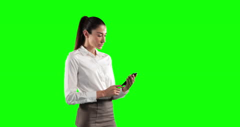 Businesswoman Using Smartphone on Green Screen Background