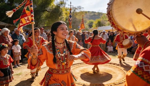 Sunlit folk festival dance featuring hispanic woman spinning in embroidered orange dress
